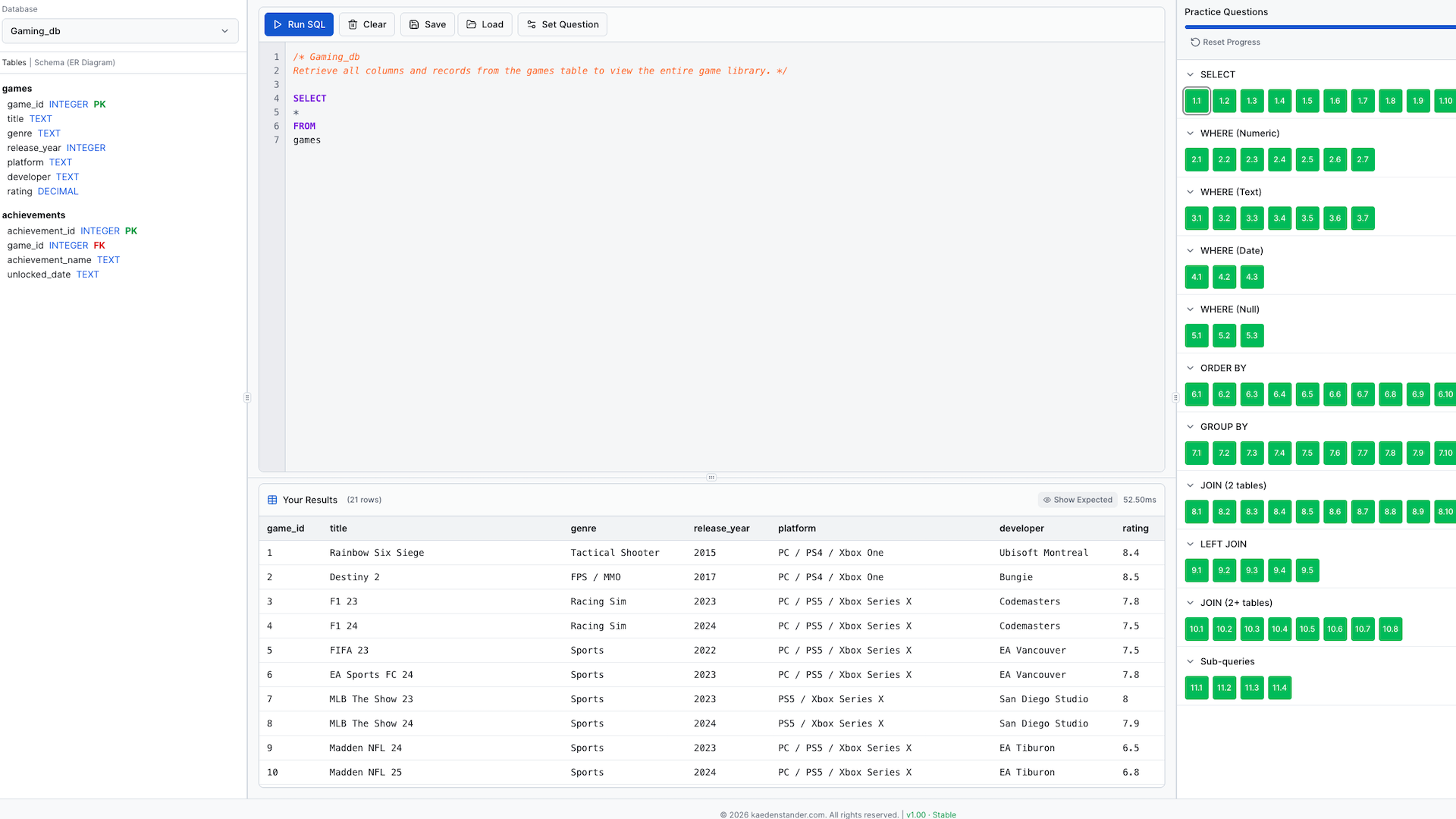 SQL database query results screenshot