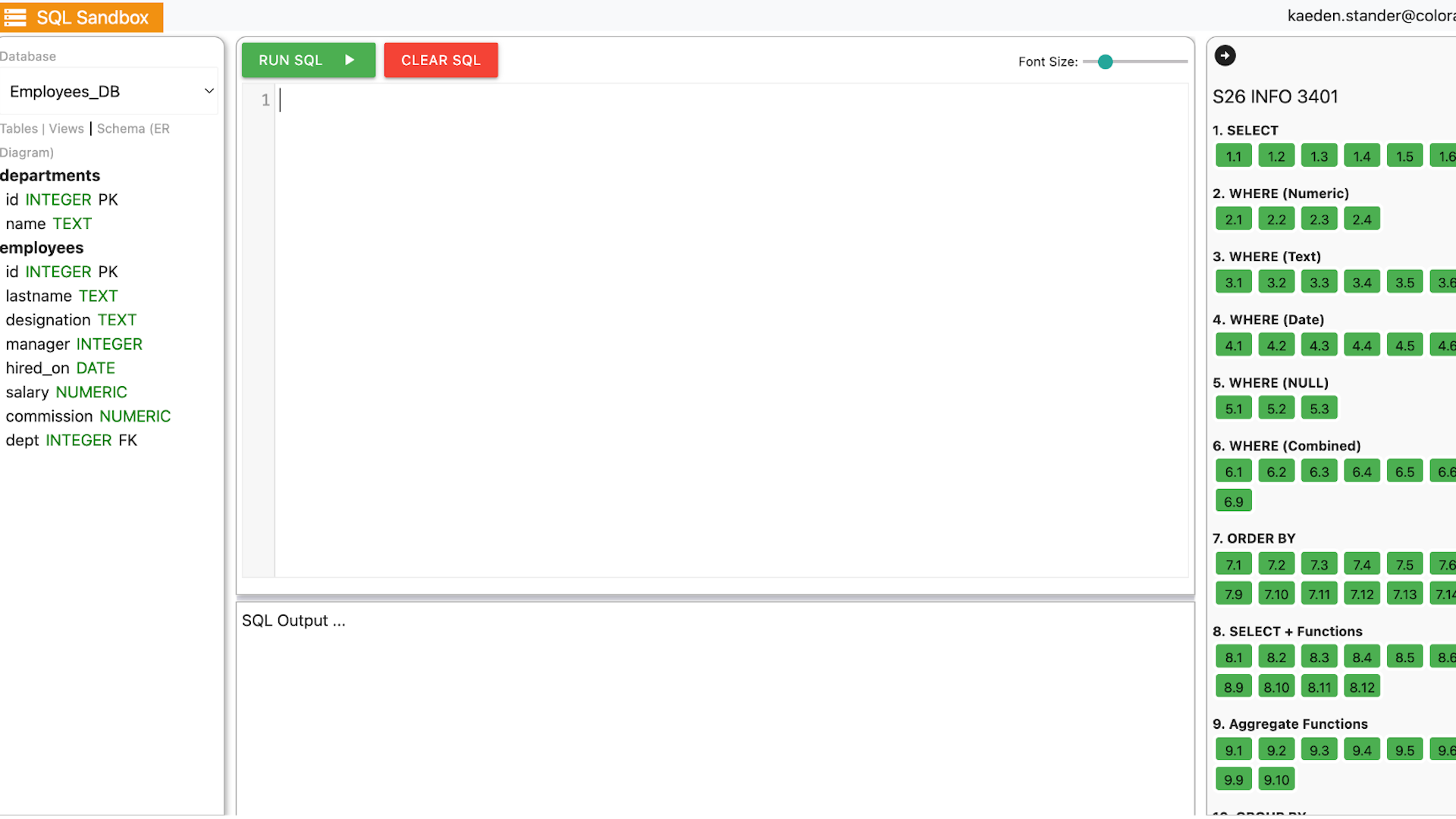 Personal SQL sandbox database schema screenshot